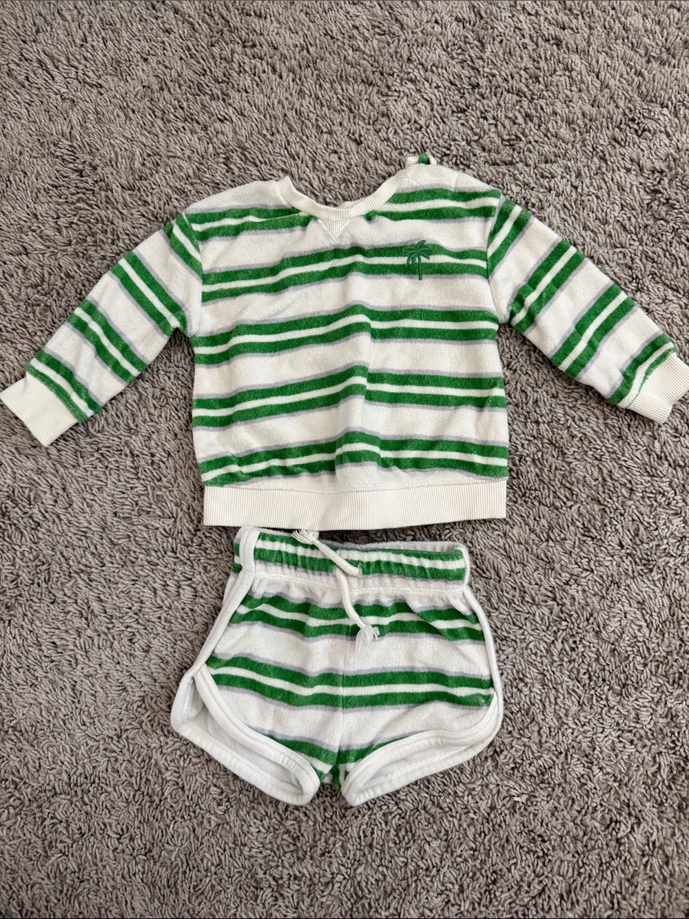 Kids Green & White Striped Matching Set - Pullover & Shorts